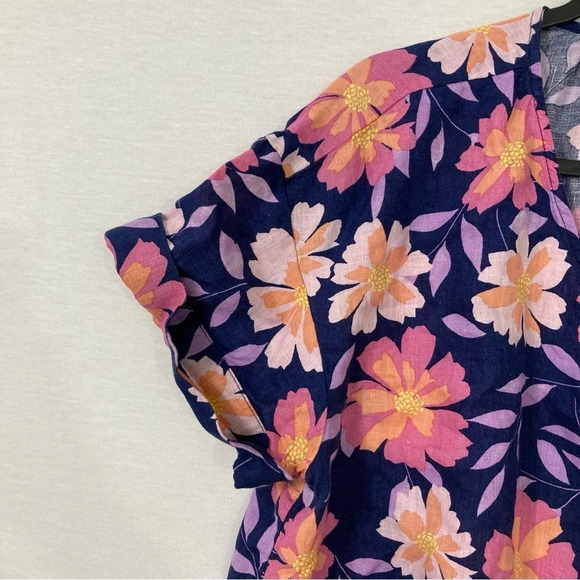 Charter Club Navy Pink Floral 100% Linen Tie Front Short Sleeve Button Down XL - Picture 7 of 10